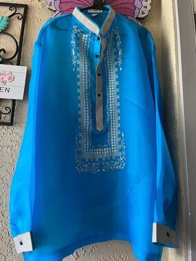 Men's Bright Blue Embroidered Dress Shirt